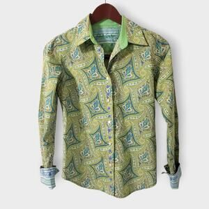 Robert Graham Womens Green Paisley Button Up Shirt Sz XS Colorful Bright